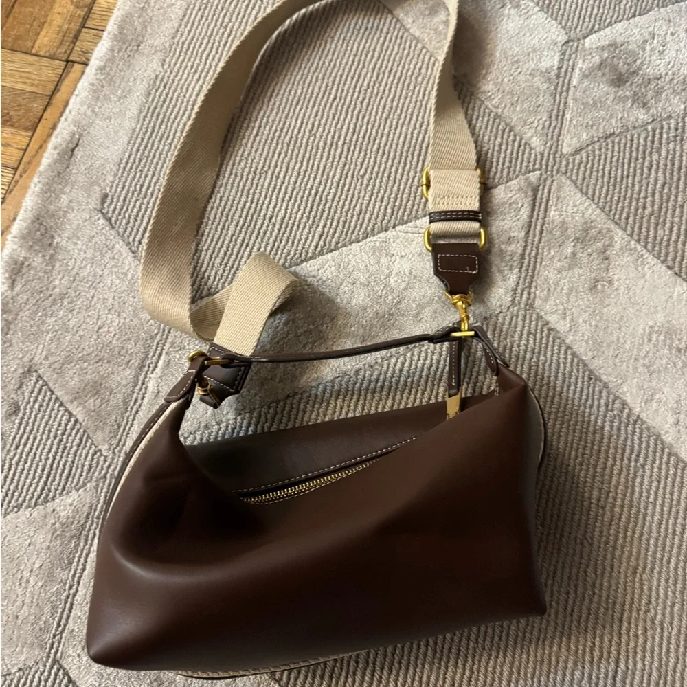 Elegant Brown Leather Handbag - Zara side stripe bag , cross body or clutch - Picture 10 of 14